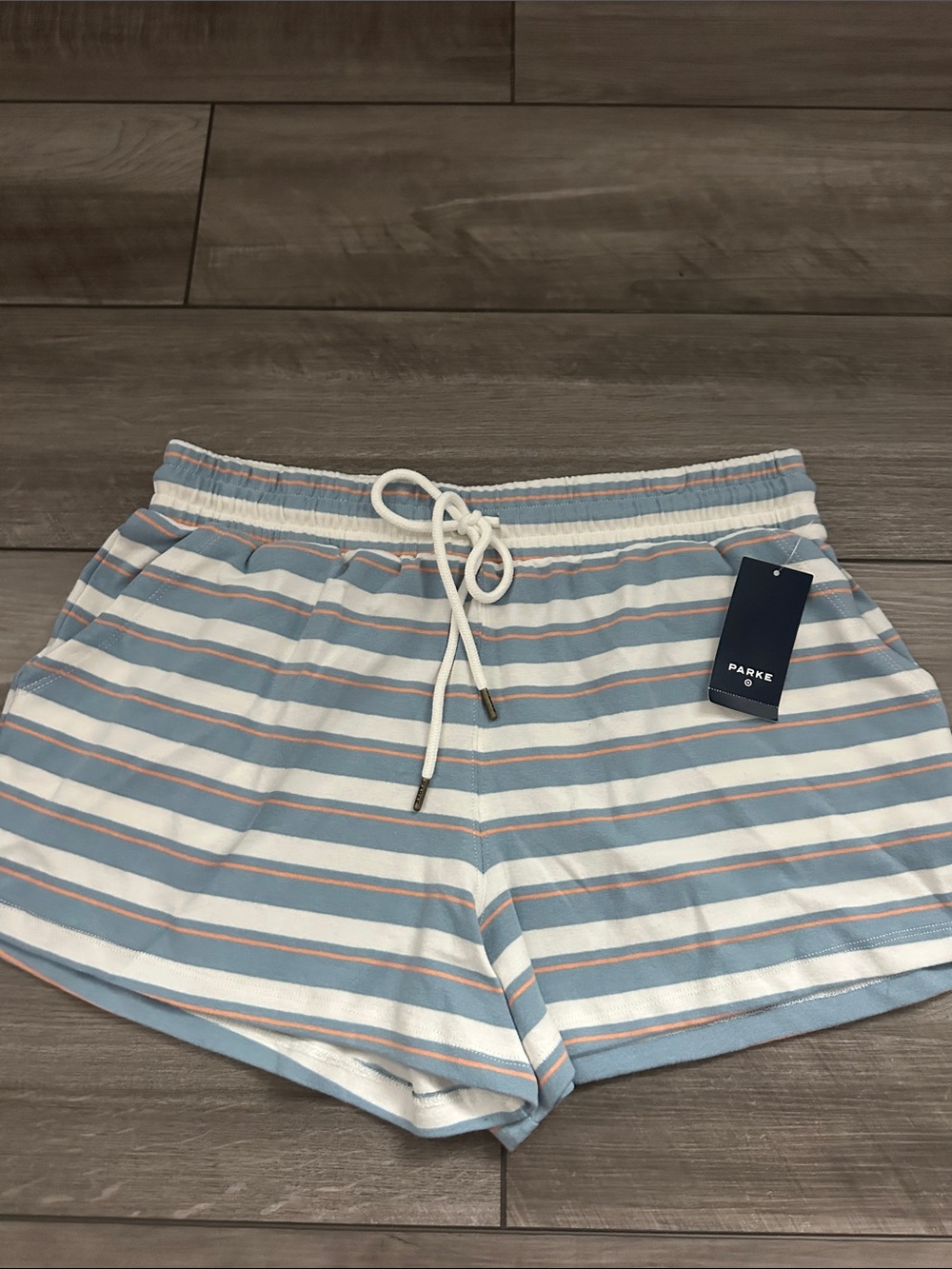 Parke x Target High Rise Drawstring Light Blue, White & Peach Striped Shorts